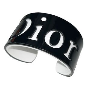 VTG Christian Dior Black & White Spellout Logo Chunky Wide Bangle Cuff Bracelet